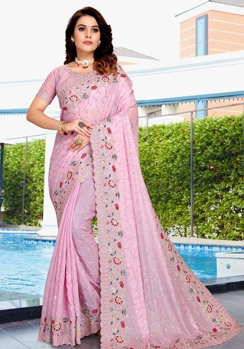Beby Pink Embroidered Silk Saree Set