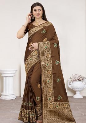 Coffee Embroidered Silk Saree Set