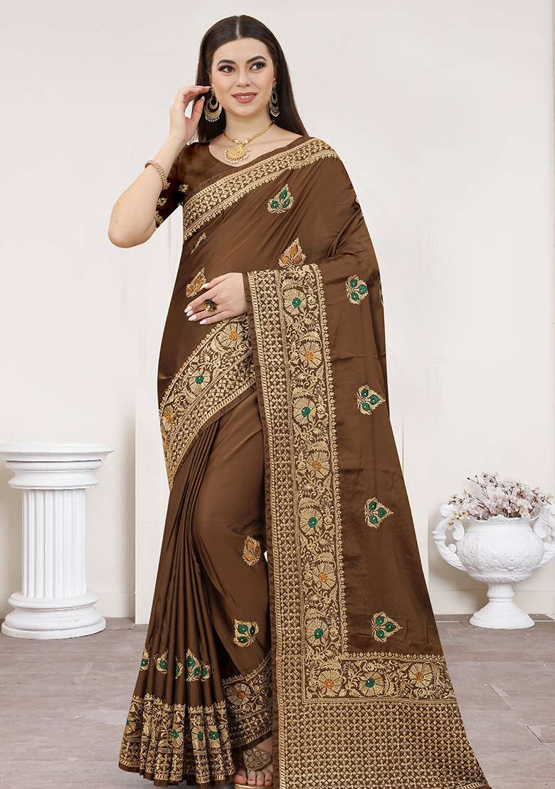 Coffee Embroidered Silk Blend Saree Set for Diwali and Festive Wear - Indya