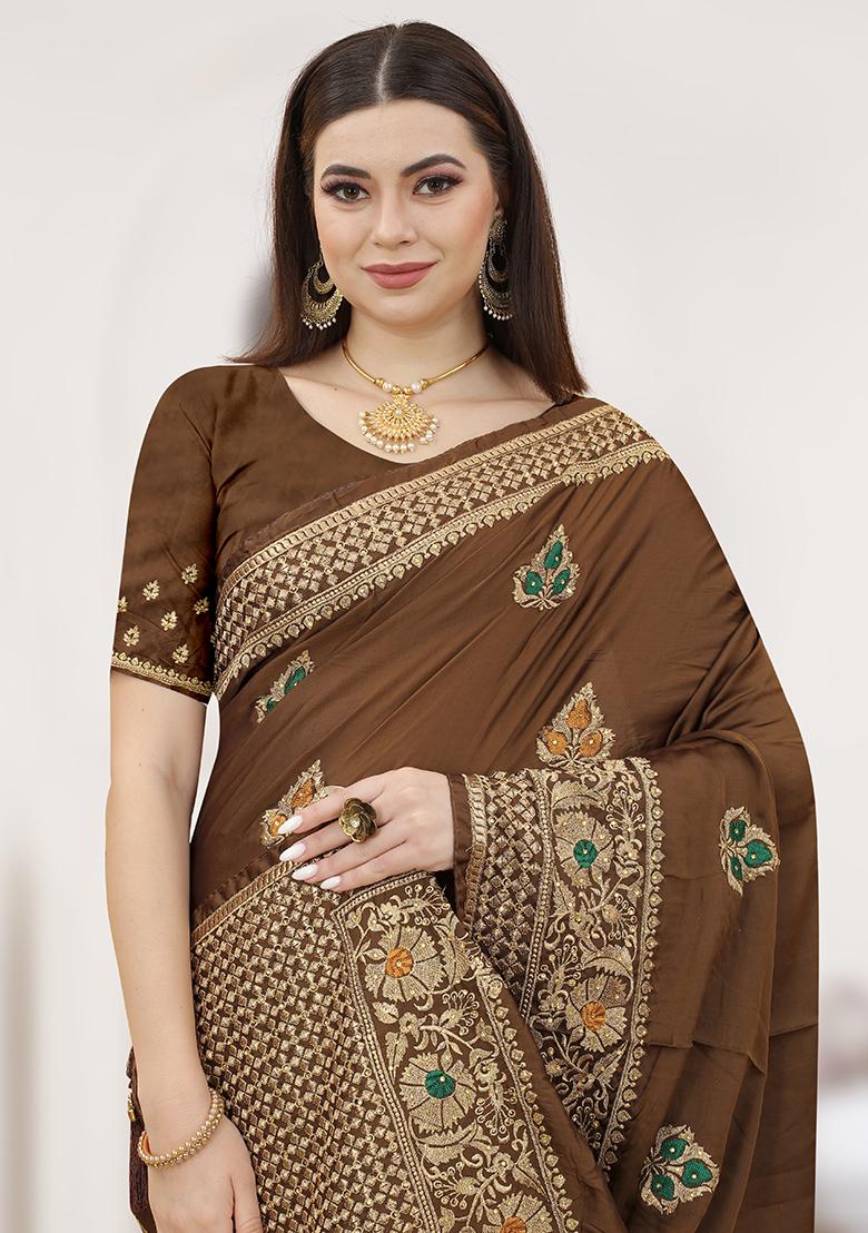 Coffee Embroidered Silk Saree Set - Indya