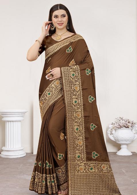 Coffee Embroidered Silk Saree Set