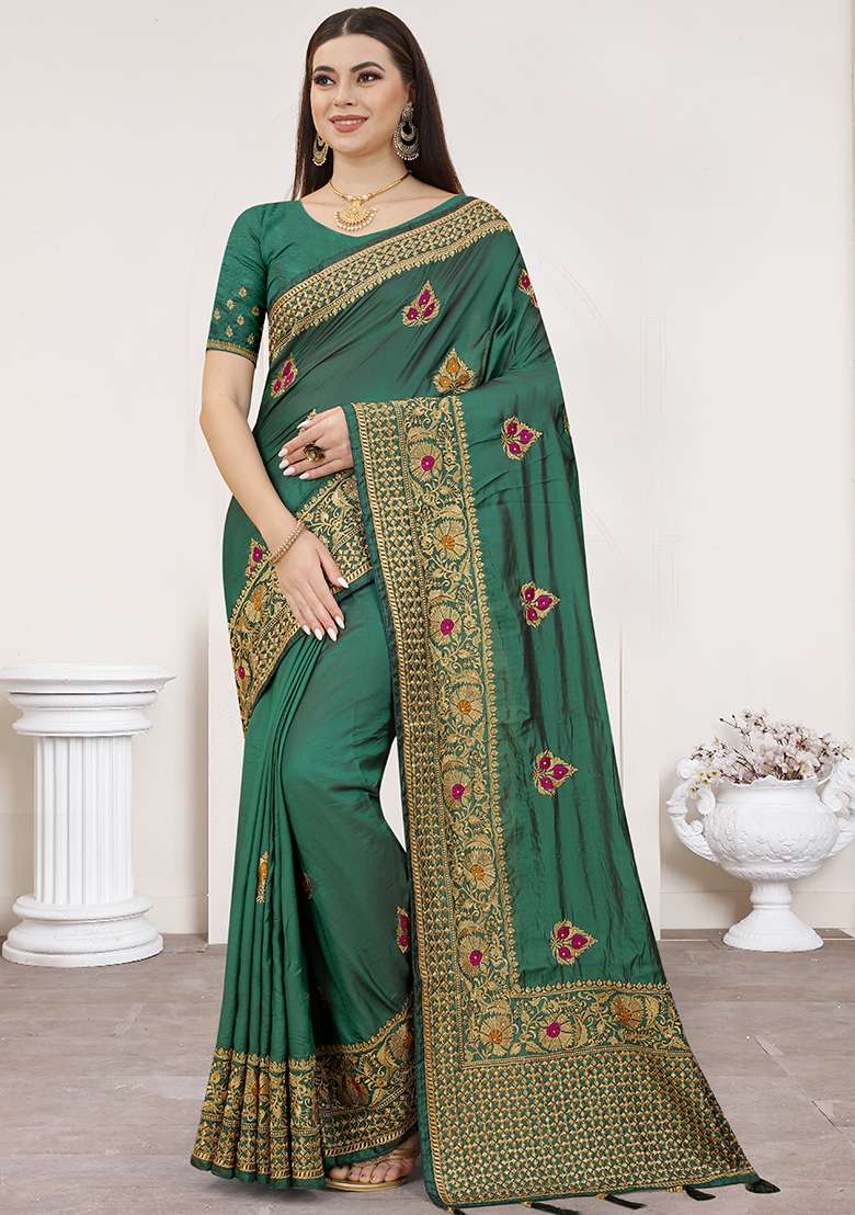 Rama Embroidered Silk Blend Saree Set for Diwali and Festive Wear - Indya