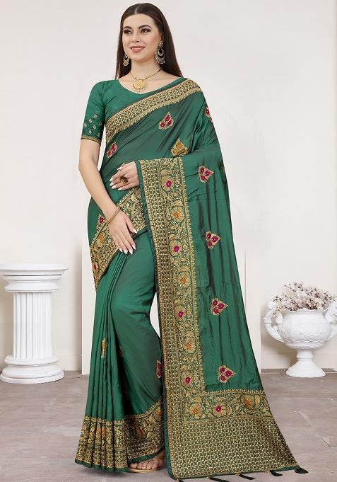 Rama Embroidered Silk Saree Set