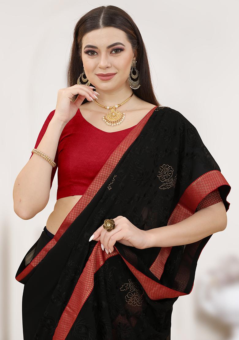 Black Embroidered Georgette Saree Set - Indya