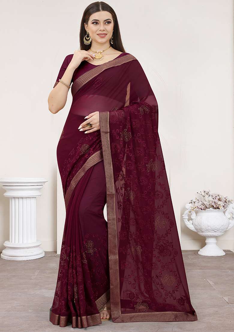Coffee Georgette Saree Set with Embroidered for Diwali | Wedding & Festive Wear - Indya