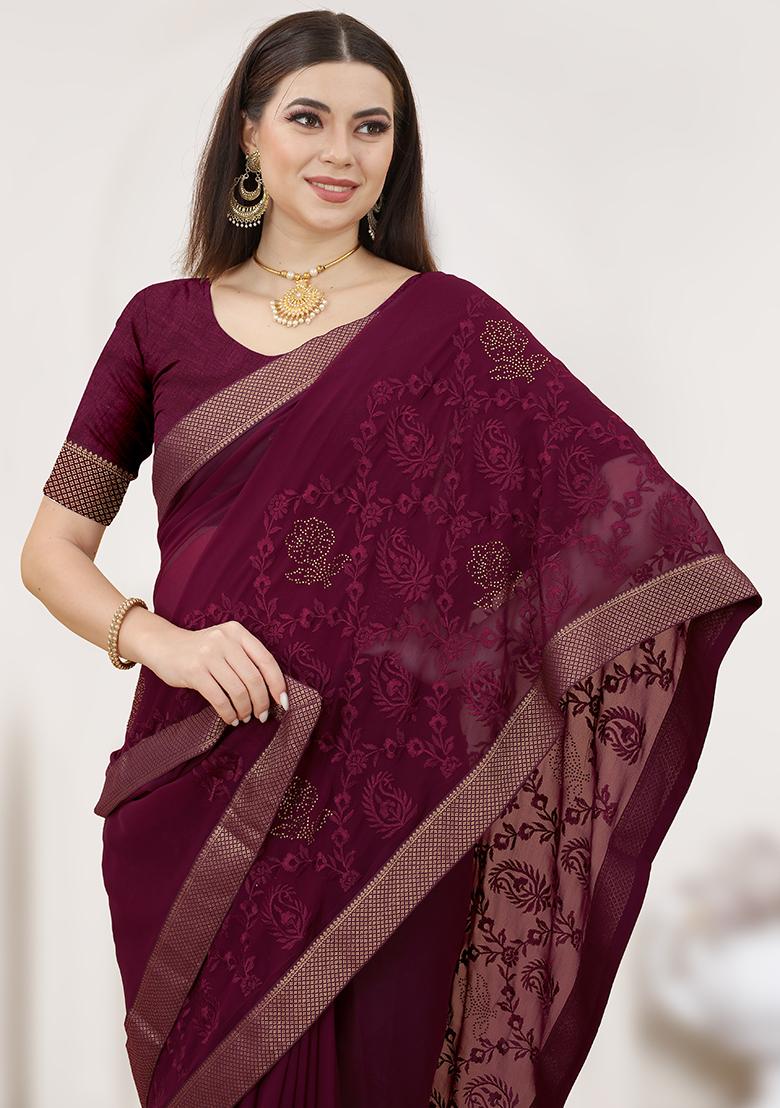 Coffee Embroidered Georgette Saree Set - Indya