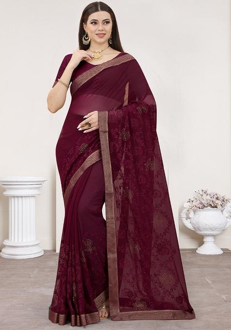 Coffee Embroidered Georgette Saree Set