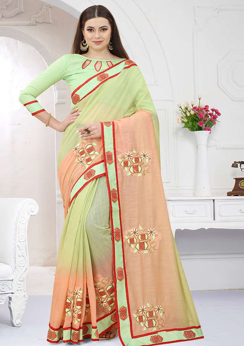 Pista Orange Embroidered Silk Blend Saree Set for Diwali and Festive Wear - Indya