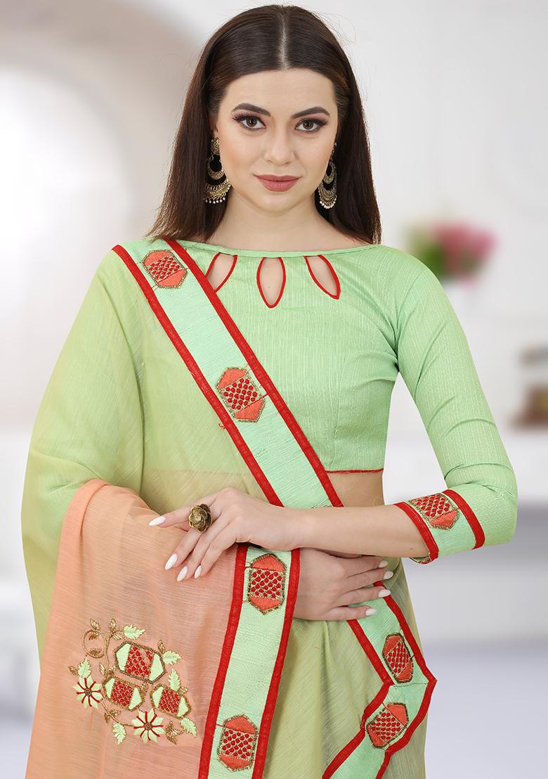 Pista Orange Embroidered Silk Saree Set - Indya