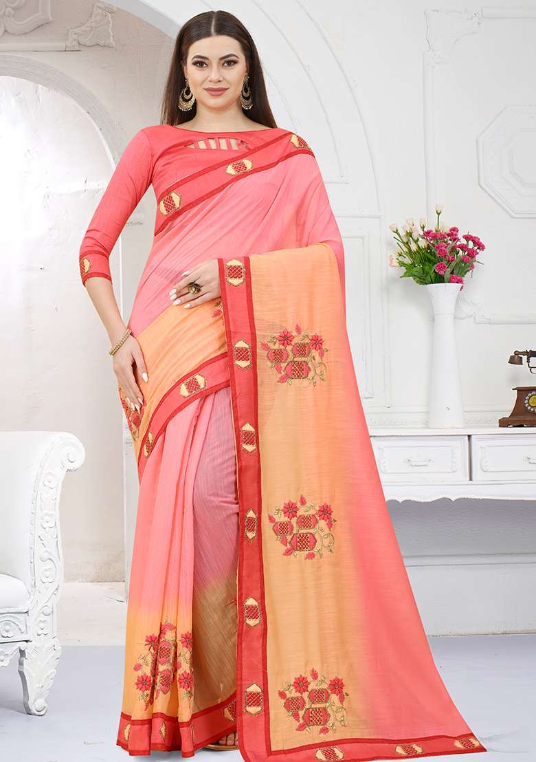 Gajari Orange Embroidered Silk Blend Saree Set for Diwali and Festive Wear - Indya