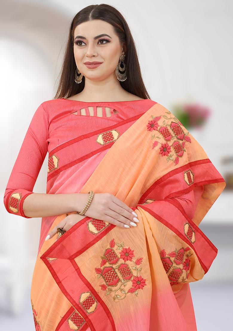 Gajari Orange Embroidered Silk Saree Set - Indya