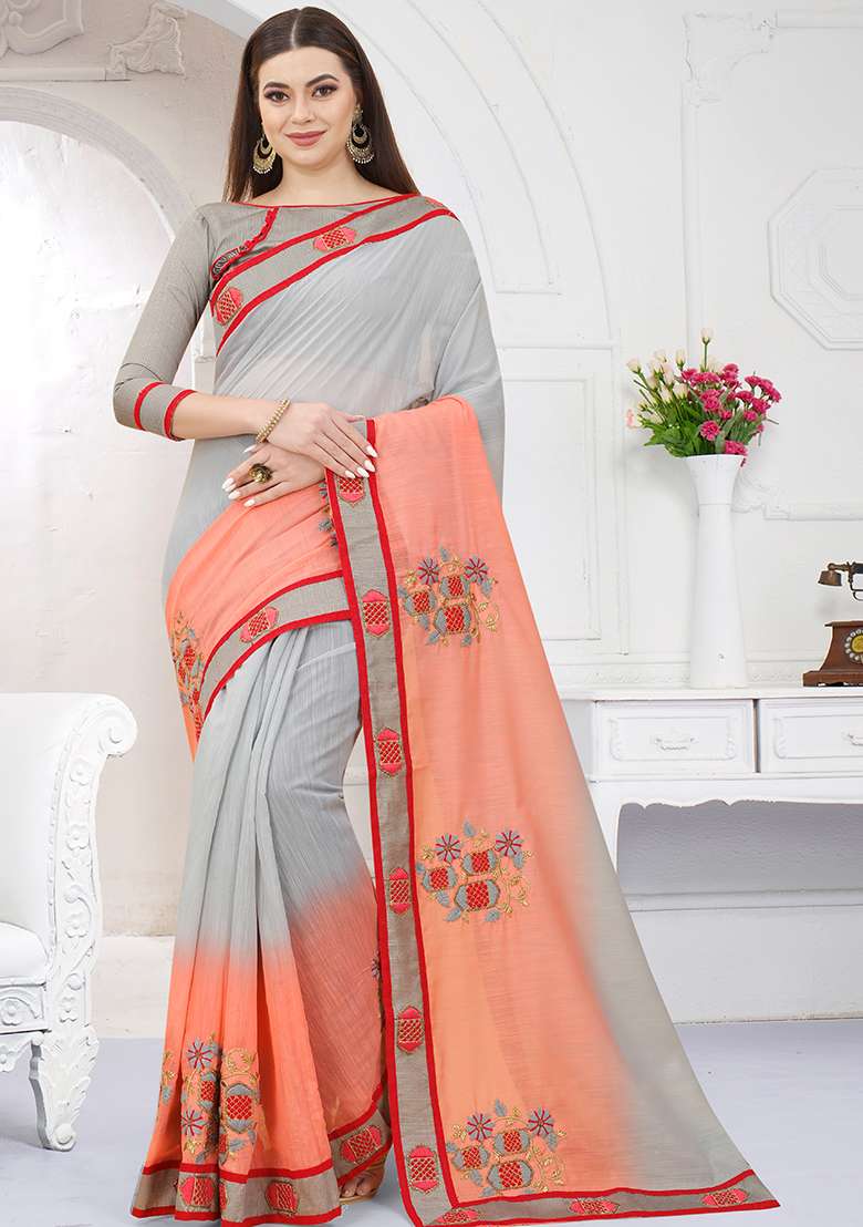 Gary Orange Silk Blend Saree Set with Embroidered for Diwali | Wedding & Festive Wear - Indya
