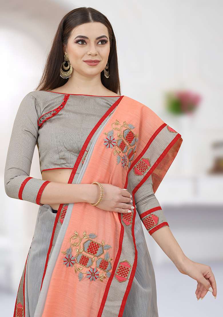 Gary Orange Silk Blend Saree Set with Embroidered for Diwali | Wedding & Festive Wear - Indya