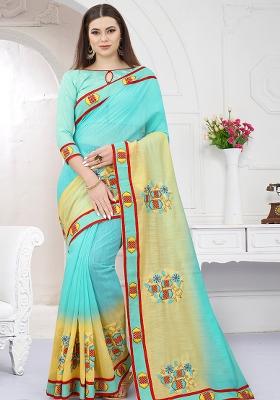 Sky Yellow Embroidered Silk Saree Set