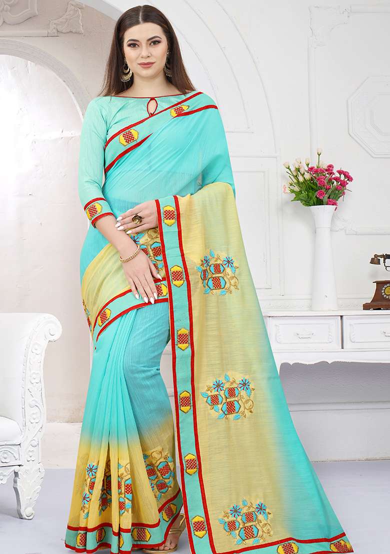 Sky Yellow Silk Blend Saree Set with Embroidered for Diwali | Wedding & Festive Wear - Indya