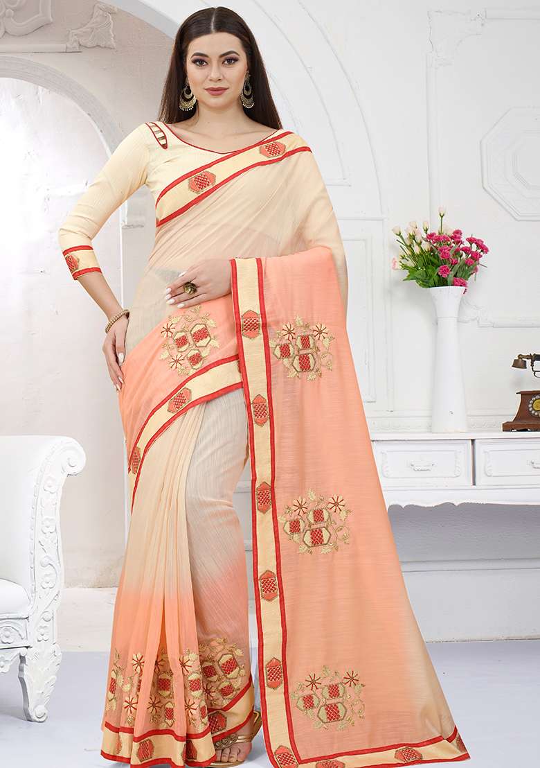 Chiku Orange Embroidered Silk Blend Saree Set for Diwali and Festive Wear - Indya
