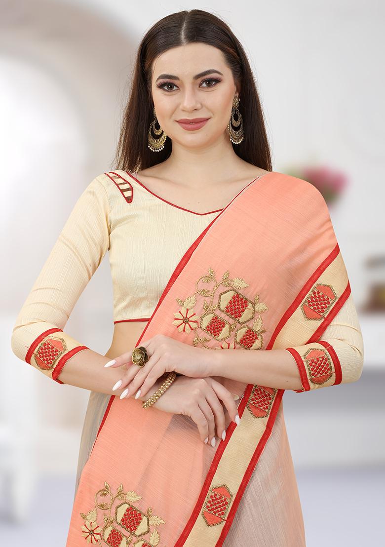 Chiku Orange Embroidered Silk Saree Set - Indya