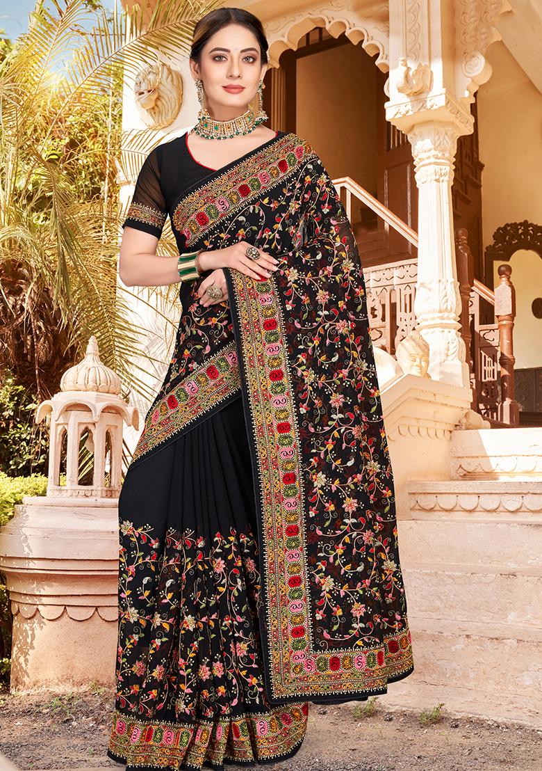 Black Embroidered Georgette Saree Set