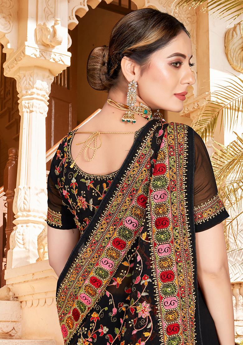 Black Embroidered Georgette Saree Set - Indya