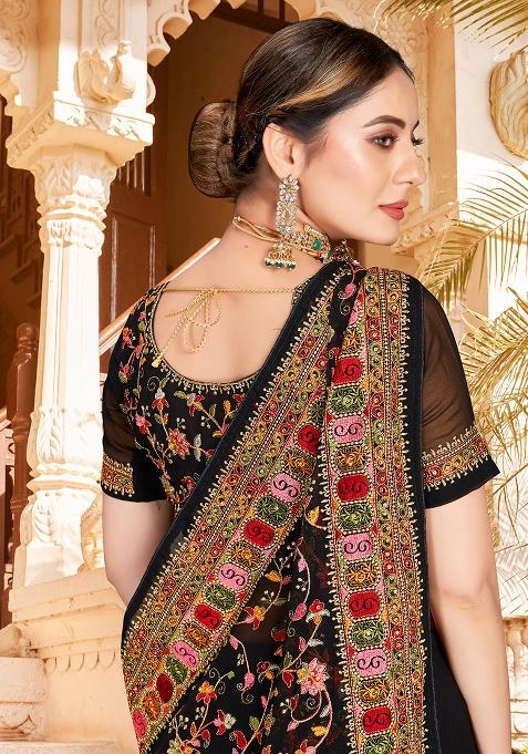 Black Embroidered Georgette Saree Set