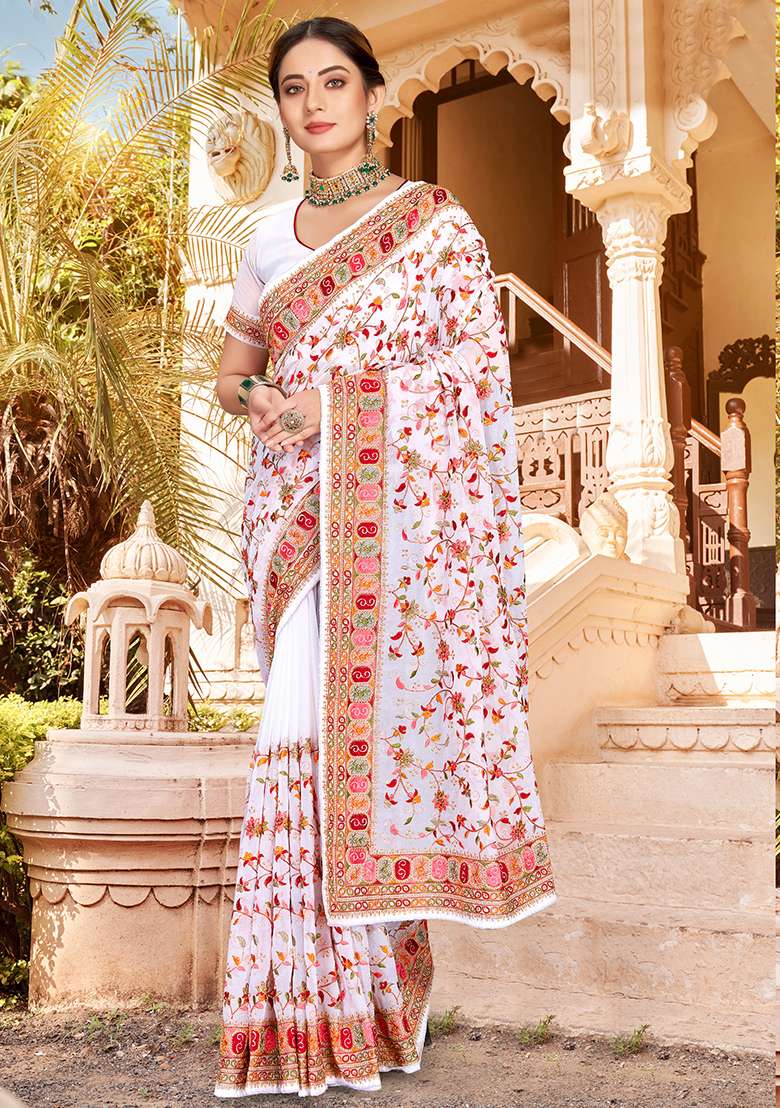 White Georgette Saree Set with Embroidered for Diwali | Wedding & Festive Wear - Indya