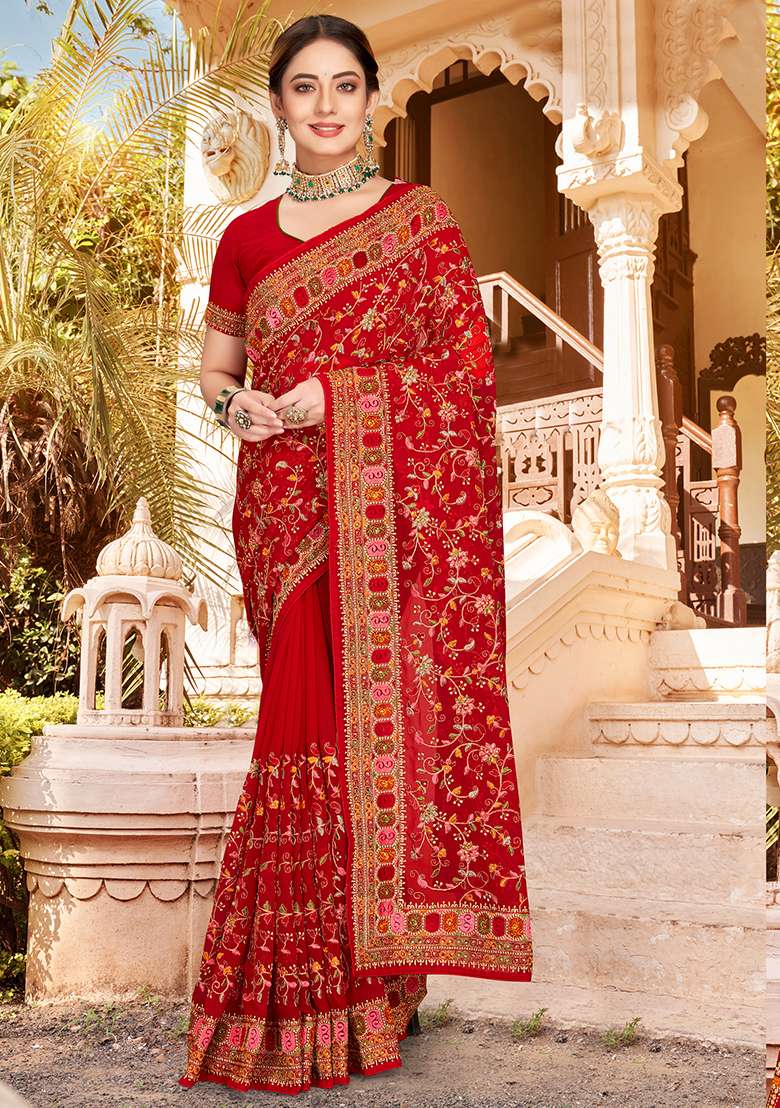 Red Embroidered Georgette Saree Set for Diwali and Festive Wear - Indya