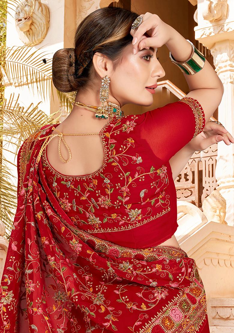 Red Embroidered Georgette Saree Set - Indya