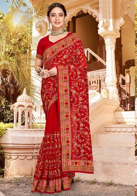 Red Embroidered Georgette Saree Set