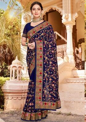Navy Blue Embroidered Georgette Saree Set