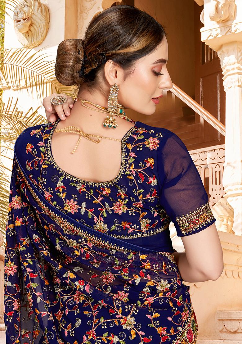 Navy Blue Embroidered Georgette Saree Set - Indya