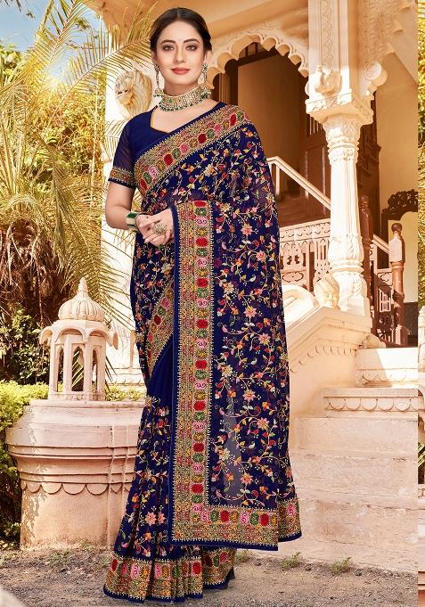 Navy Blue Embroidered Georgette Saree Set