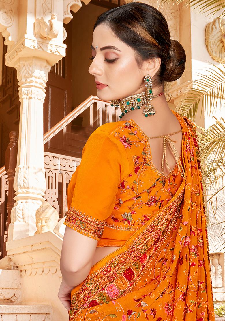 Mustard Embroidered Georgette Saree Set - Indya