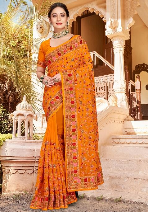 Mustard Embroidered Georgette Saree Set