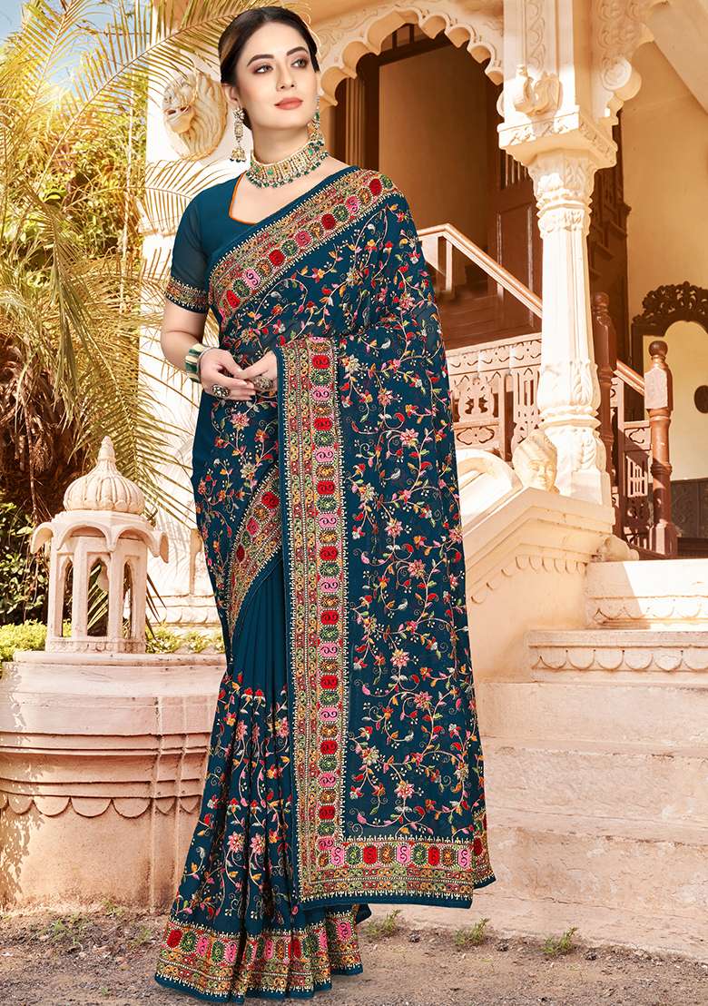 Morpeach Embroidered Georgette Saree Set for Diwali and Festive Wear - Indya