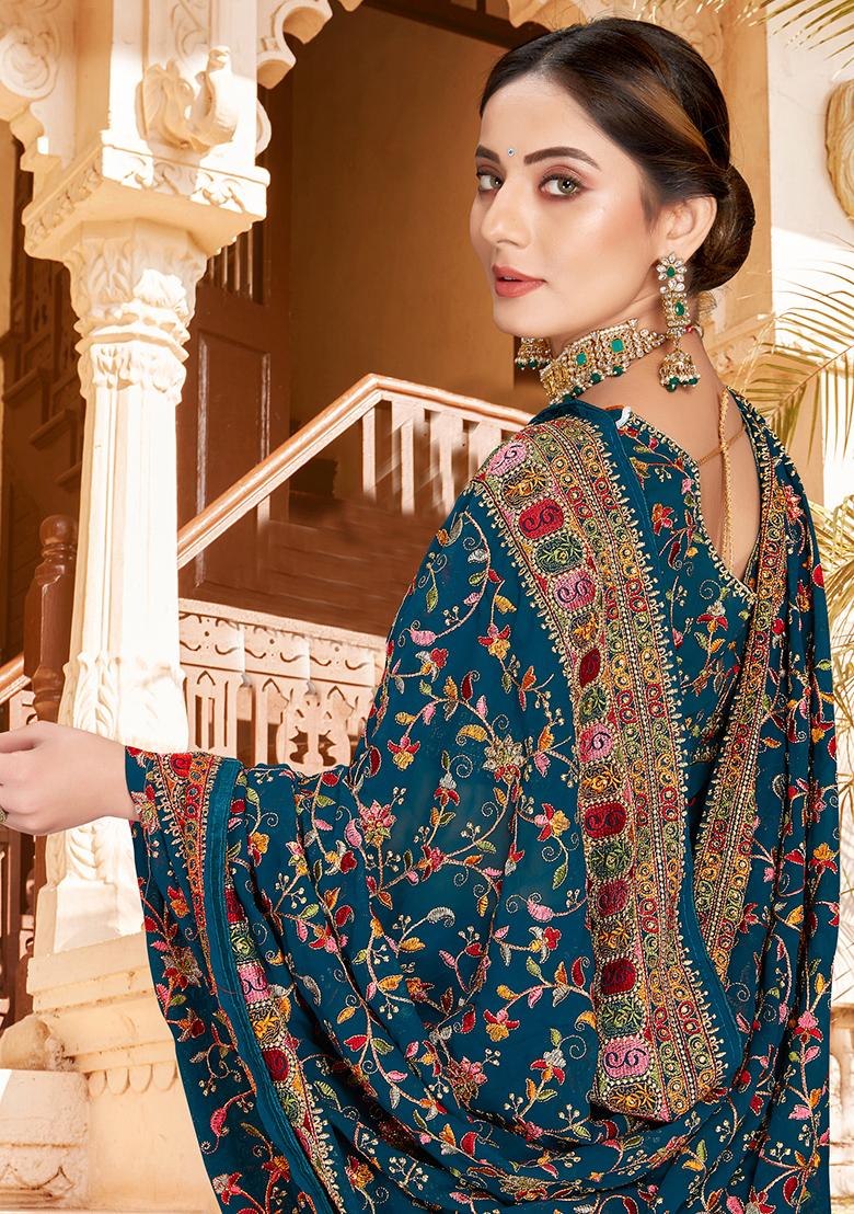 Morpeach Embroidered Georgette Saree Set - Indya