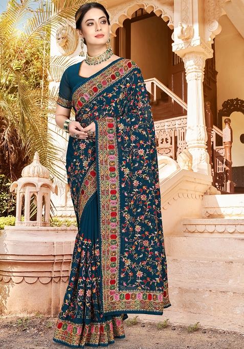 Morpeach Embroidered Georgette Saree Set