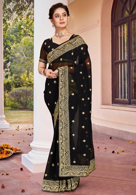 Black Embroidered Georgette Saree Set