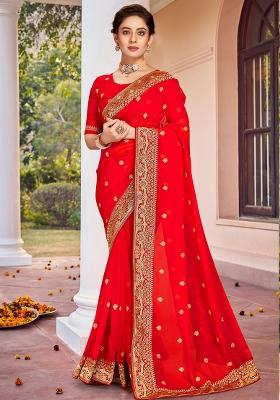 Red Embroidered Georgette Saree Set