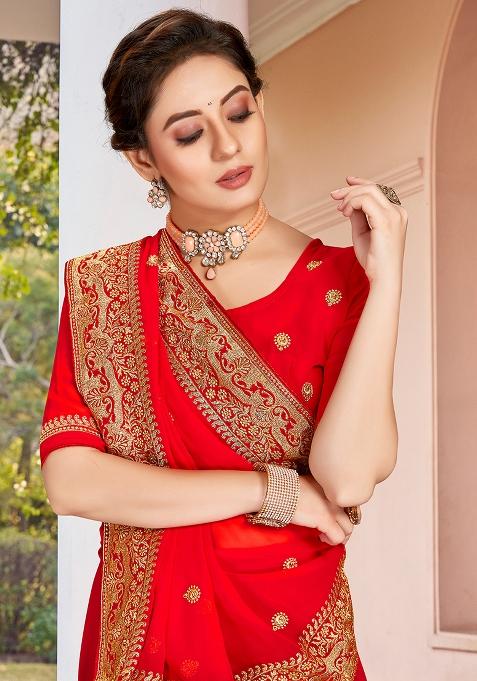 Red Embroidered Georgette Saree Set