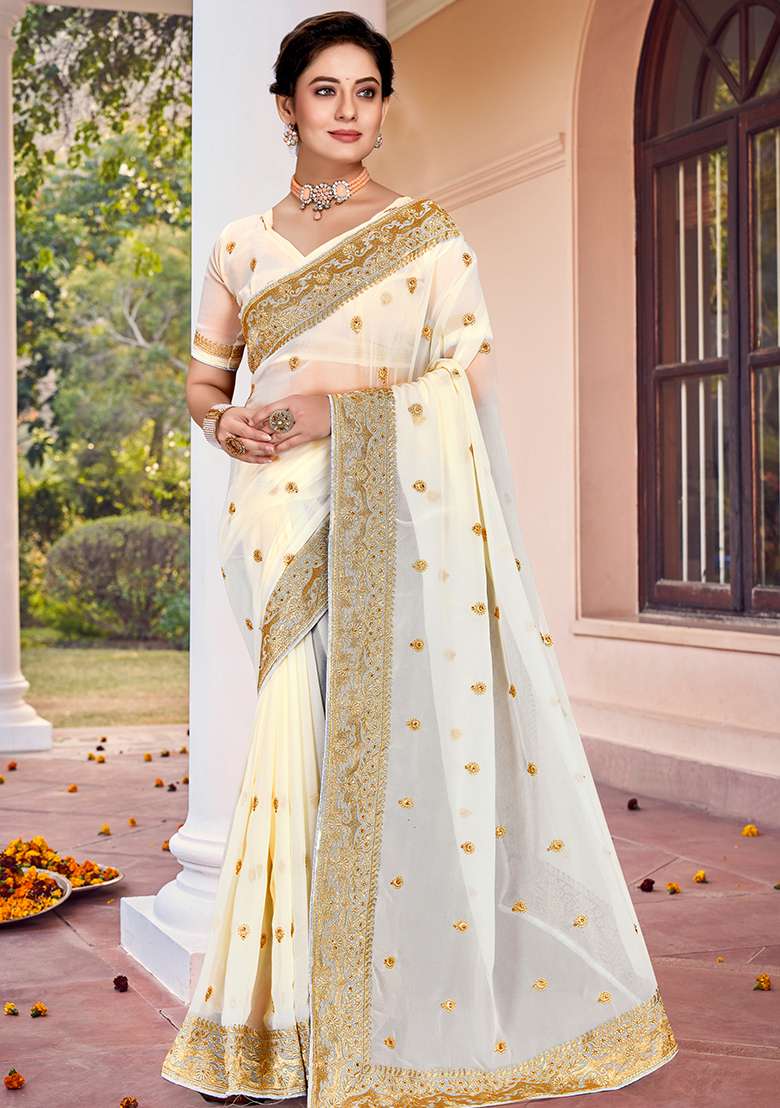 Off White Embroidered Georgette Saree Set for Diwali and Festive Wear - Indya
