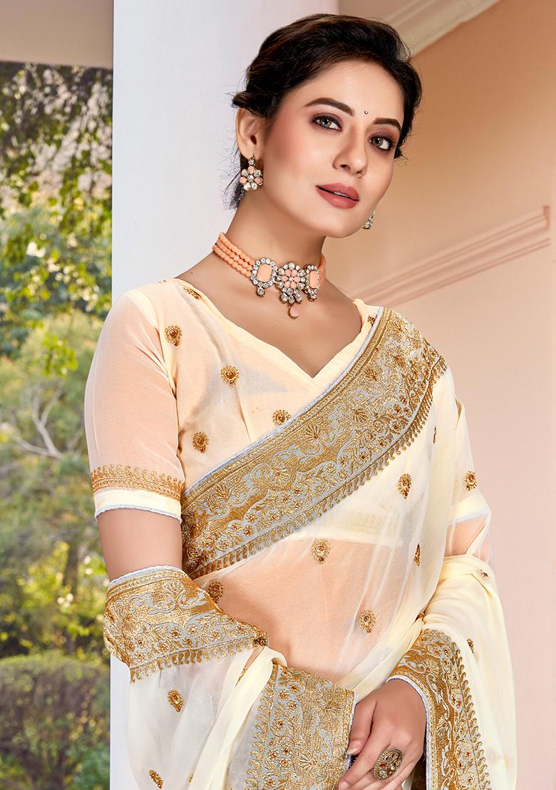 Off White Embroidered Georgette Saree Set - Indya