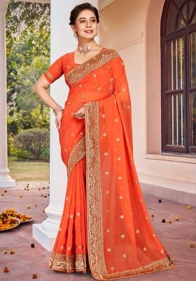 Dusty Peach Embroidered Georgette Saree Set