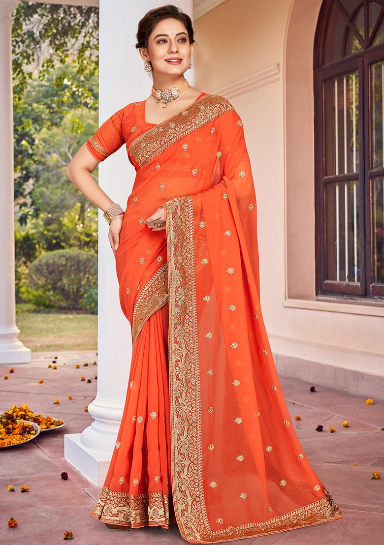 Dusty Peach Embroidered Georgette Saree Set