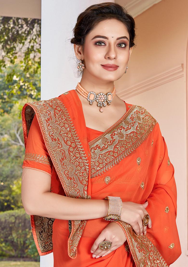 Dusty Peach Embroidered Georgette Saree Set - Indya