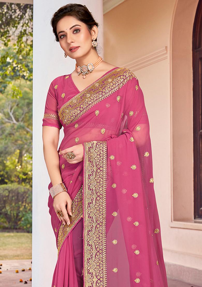 Dusty Gajari Embroidered Georgette Saree Set - Indya