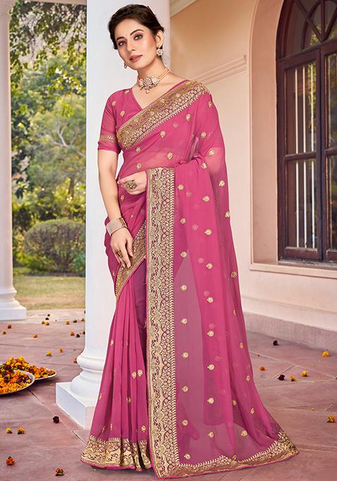 Dusty Gajari Embroidered Georgette Saree Set