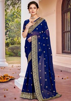 Navy Blue Embroidered Georgette Saree Set