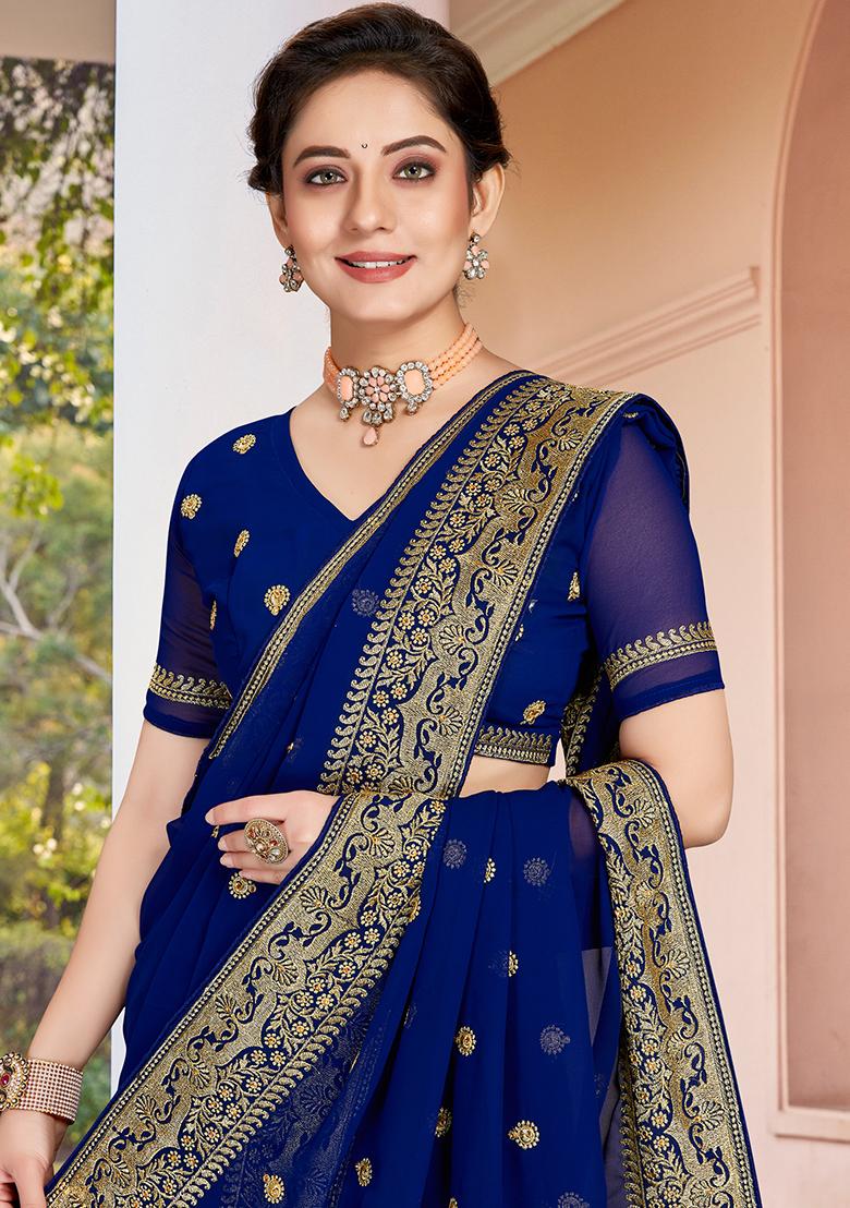 Navy Blue Embroidered Georgette Saree Set - Indya