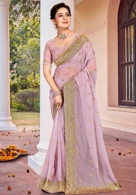 Lavender Embroidered Georgette Saree Set