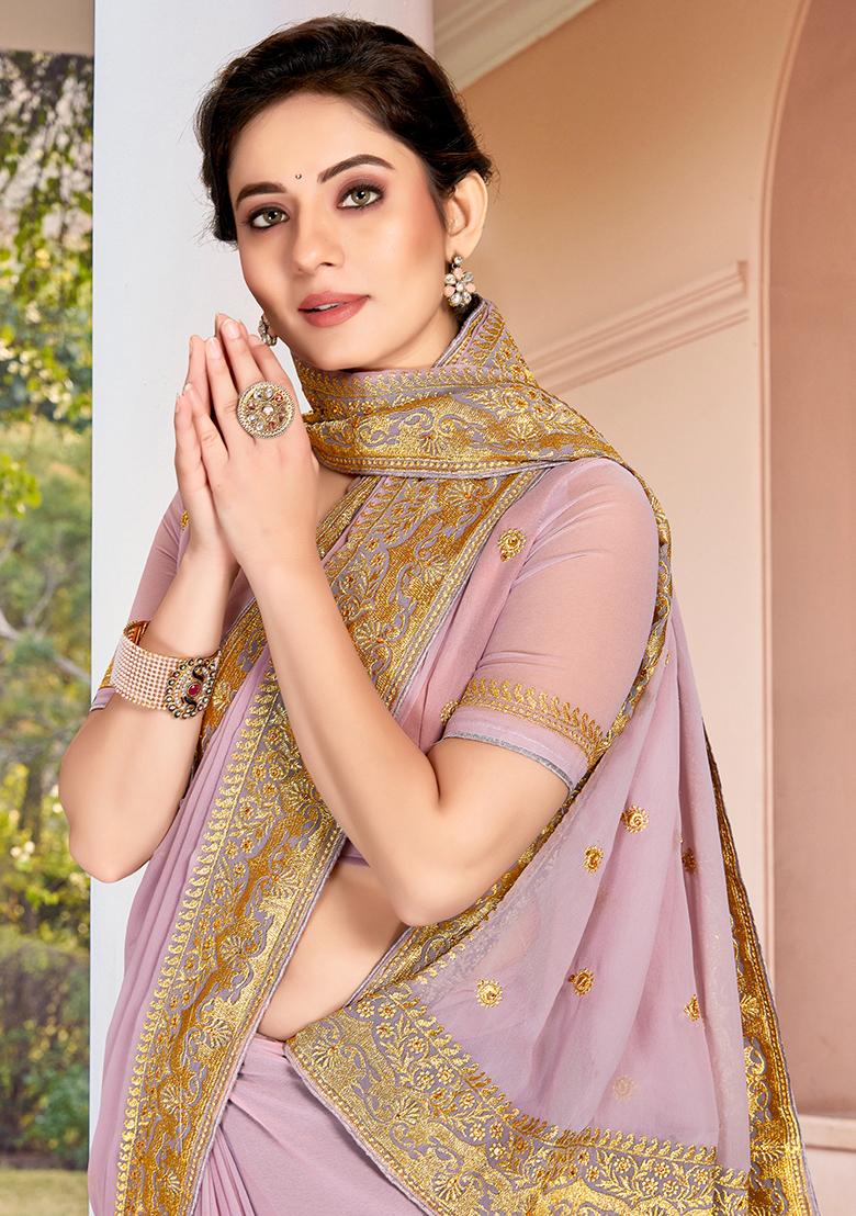 Lavender Embroidered Georgette Saree Set - Indya